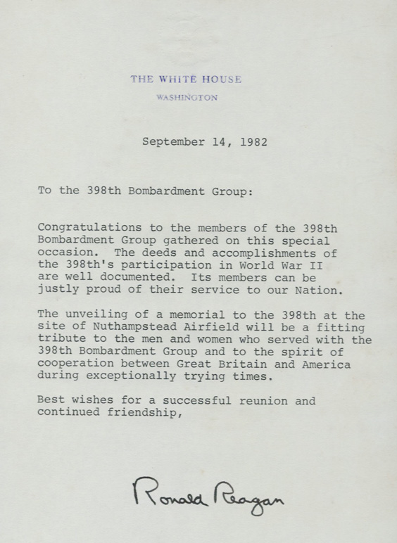 398th Memorial Letter from President Reagan - September 14, 1982